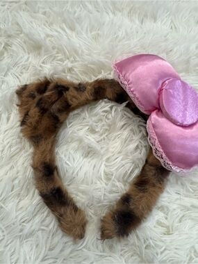 Hello kitty leopard Faux Fur Headband with Pink Satin Bow laced